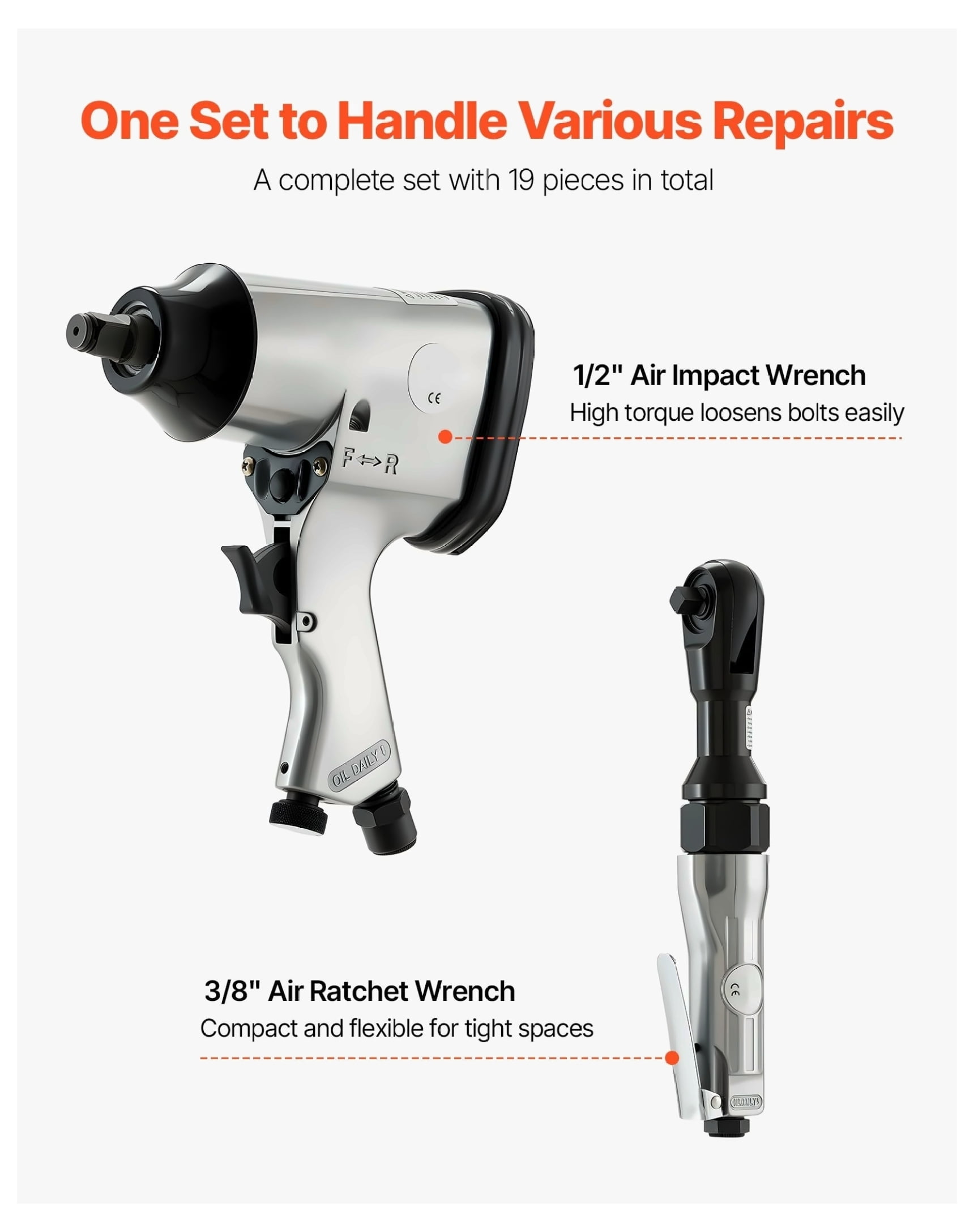 1/2" Air Impact Wrench & 3/8" Ratchet Wrench Combo Kit, 19pc Pro Air Tools Set - Auto Repair, DIY, Impact Sockets, Carrying Case