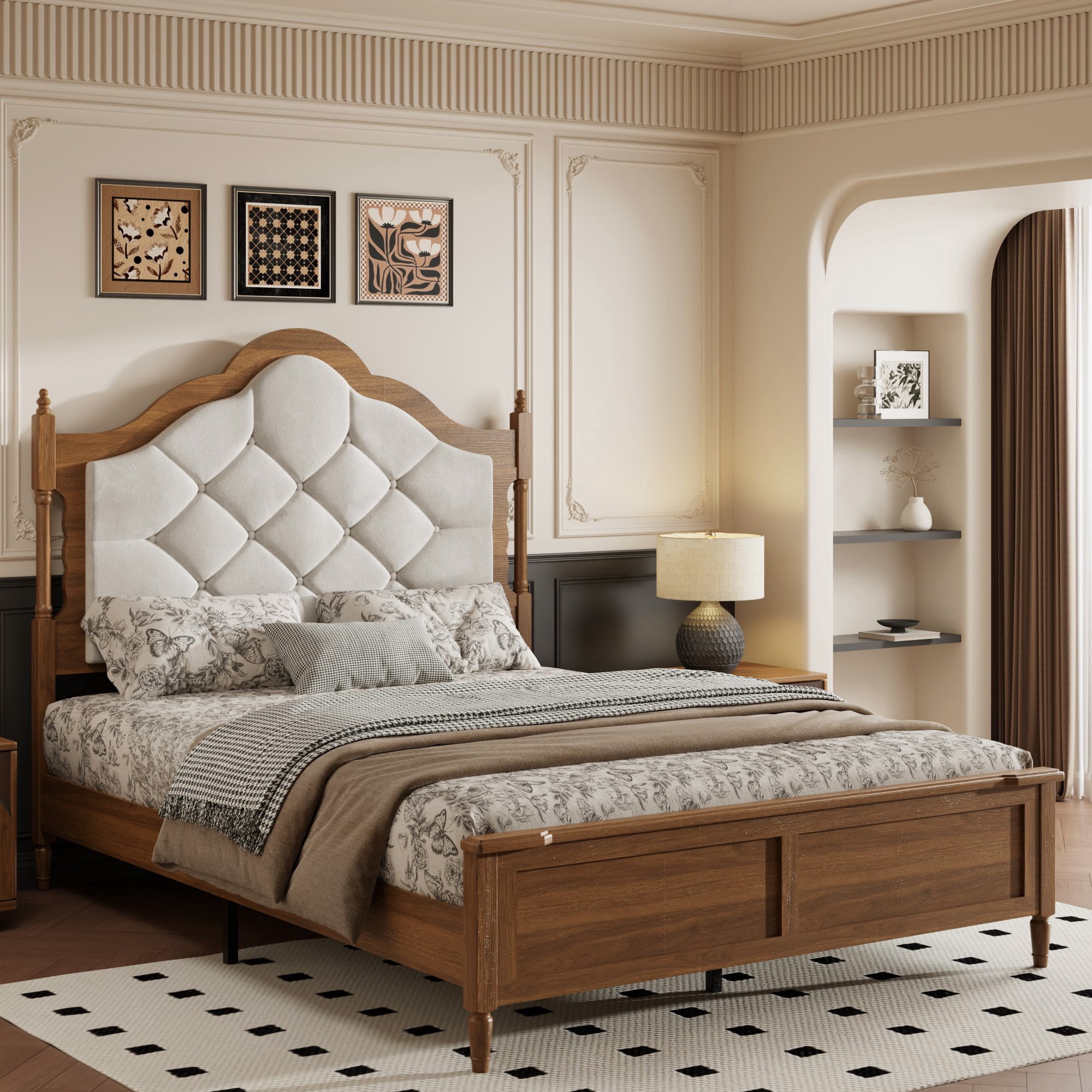 Euroco Wood Queen Size Platform Bed with Upholstery Headboard, Vintage Mid Century Bed Frame, Brown