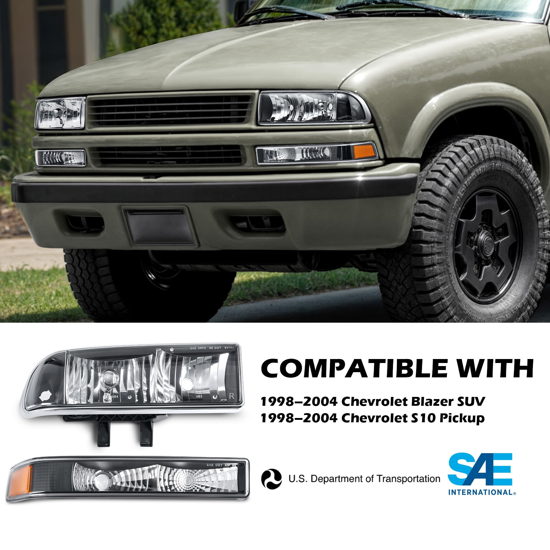 Headlights Bumper Lamps for 1998-2004 Chevy S10 Blazer L & R Replacement Black