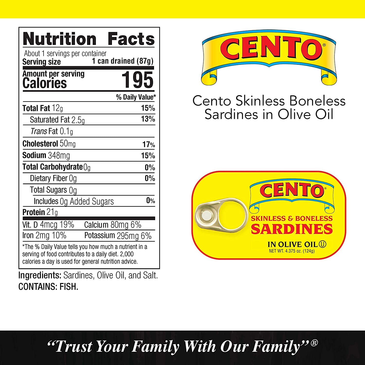 Cento Skinless Boneless Sardines in Olive Oil, 4.375 oz Pack Of 25