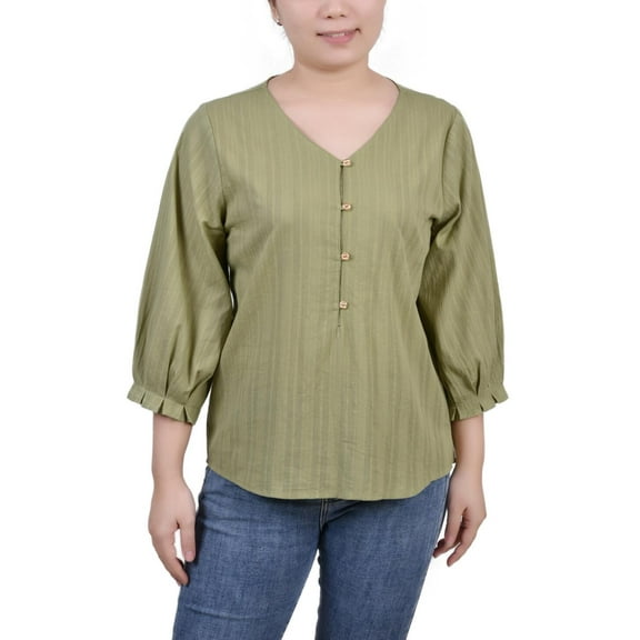 $44 Ny Collection Women Petite Button Placket Jacquard Blouse Green Size PLarge