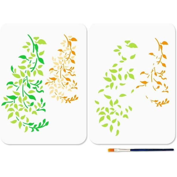 Plantilla A4 de hojas de vid, ramas y plantas (29,7 x 21 cm) con diseño floral primaveral reutilizable y natural. Incluye pincel.