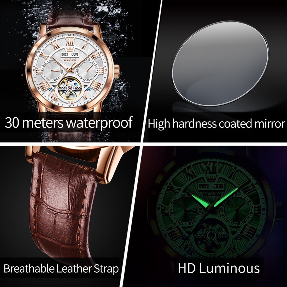 OLEVS Automatic Watches for Men Self Winding Mechanical Skeleton Flywheel Multifunction Luxury Dress Roma Rumerals Calendar Waterproof Luminous Men Wrist Watches Leather