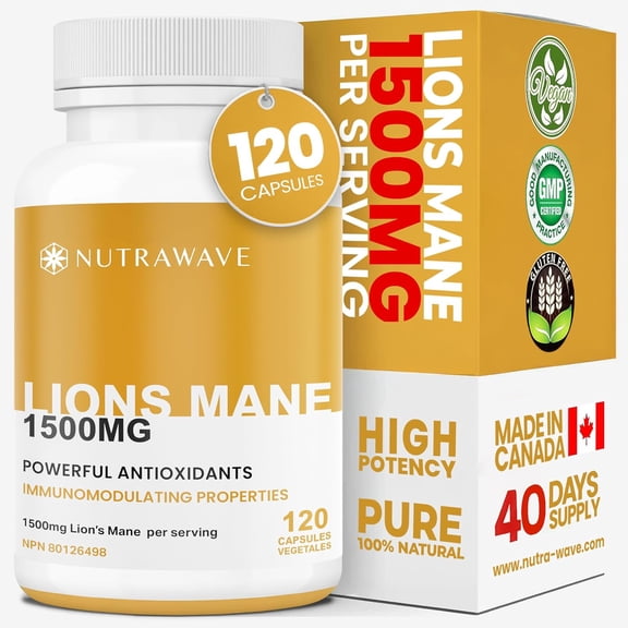 Nutrawave Lion’s Mane Mushroom 1500 mg – Brain & Focus Support, Memory & Immune Support, 8:1 Extract, 120 Vegan Capsules, Non-GMO, Gluten-Free, Made in Canada