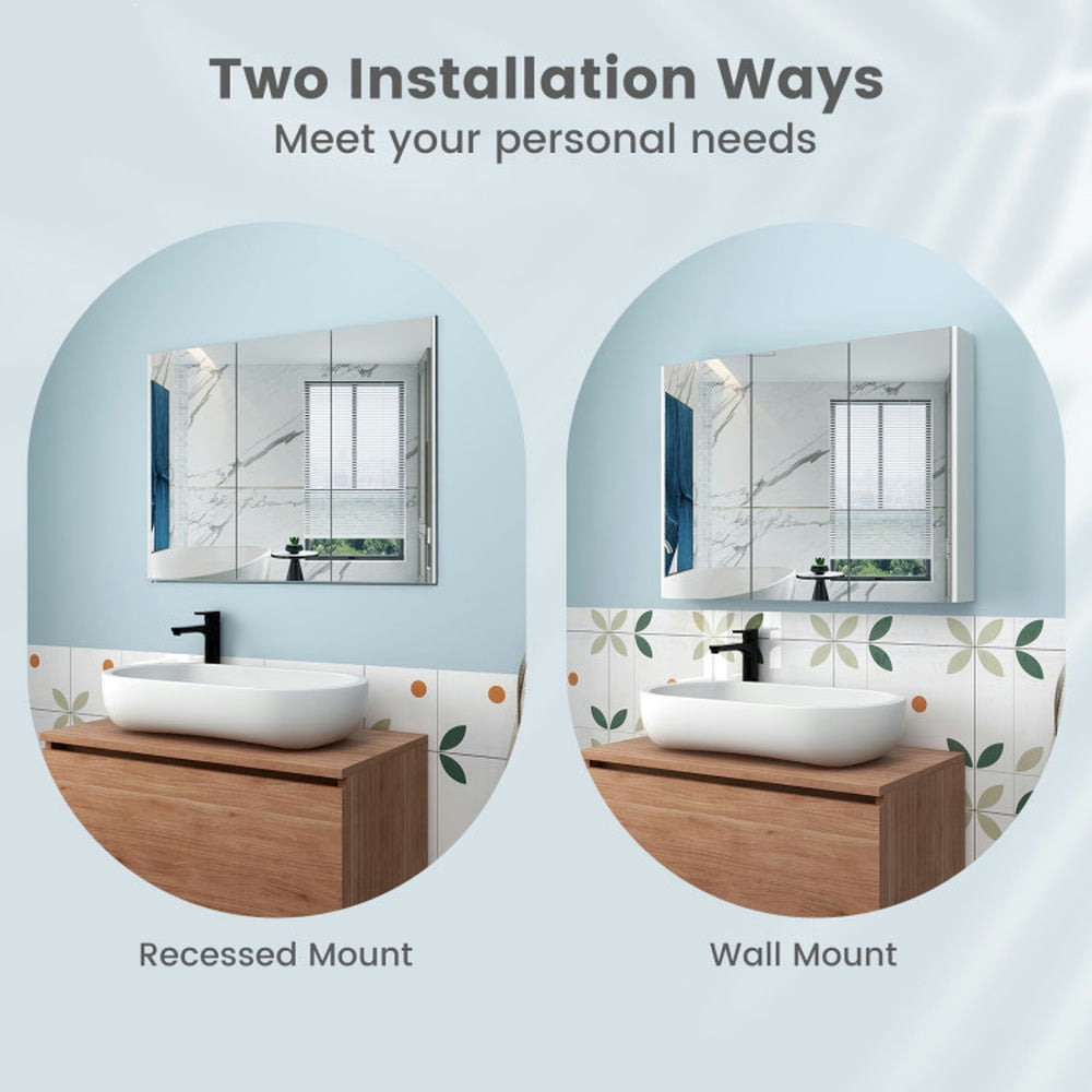 Finihen Bathroom Wall Cabinet, Wall Mounted Bathroom Mirror Cabinet, Frameless Bathroom Wall Mounted Mirror Cabinet with 3 Doors and Adjustable Shelves, White Finihen Bathroom Wall Cabinet, Wall Mounted Bathroom Mirror Cabinet, Frameless Bathroom Wall Mounted Mirror Cabinet with 3 Doors and Adjustable Shelves, White