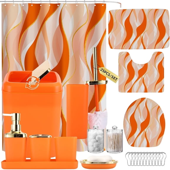 Orange and Gold Bathroom Set with Shower Curtain Rugs Trash Can Soap Dispenser and Soap Dish