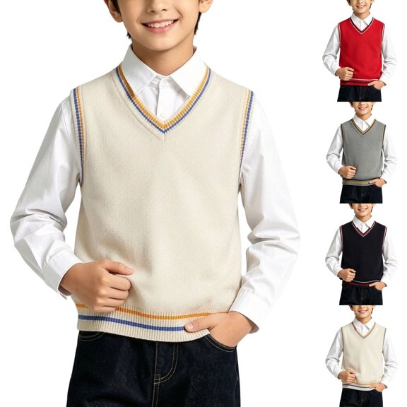 Spazoro Boys 100% Cotton Knit Sweater Vest with Striped Trim, Solid Color Lightweight Breathable V Neck Preppy Sleeveless Pullover Top for School Beige Size 9-10