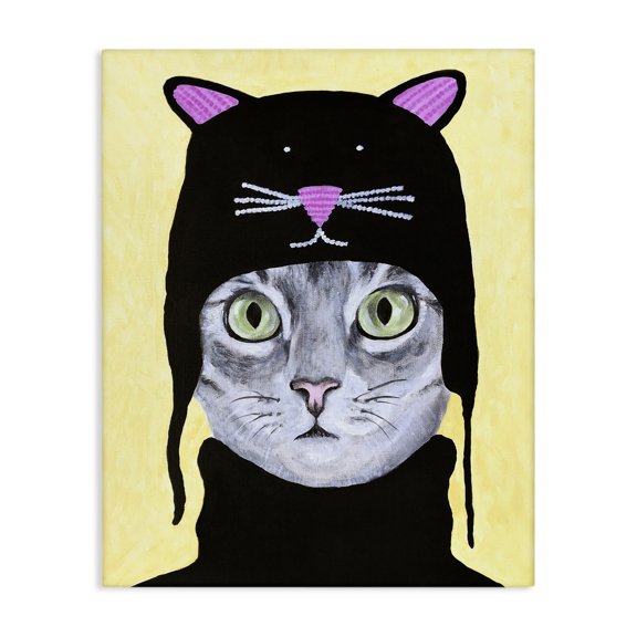 Stupell Industries Bohemian Adorable Grey Cat Wearing Hat Black Turtleneck Yellow Background Canvas Art, 16 x 20, by Coco de Paris