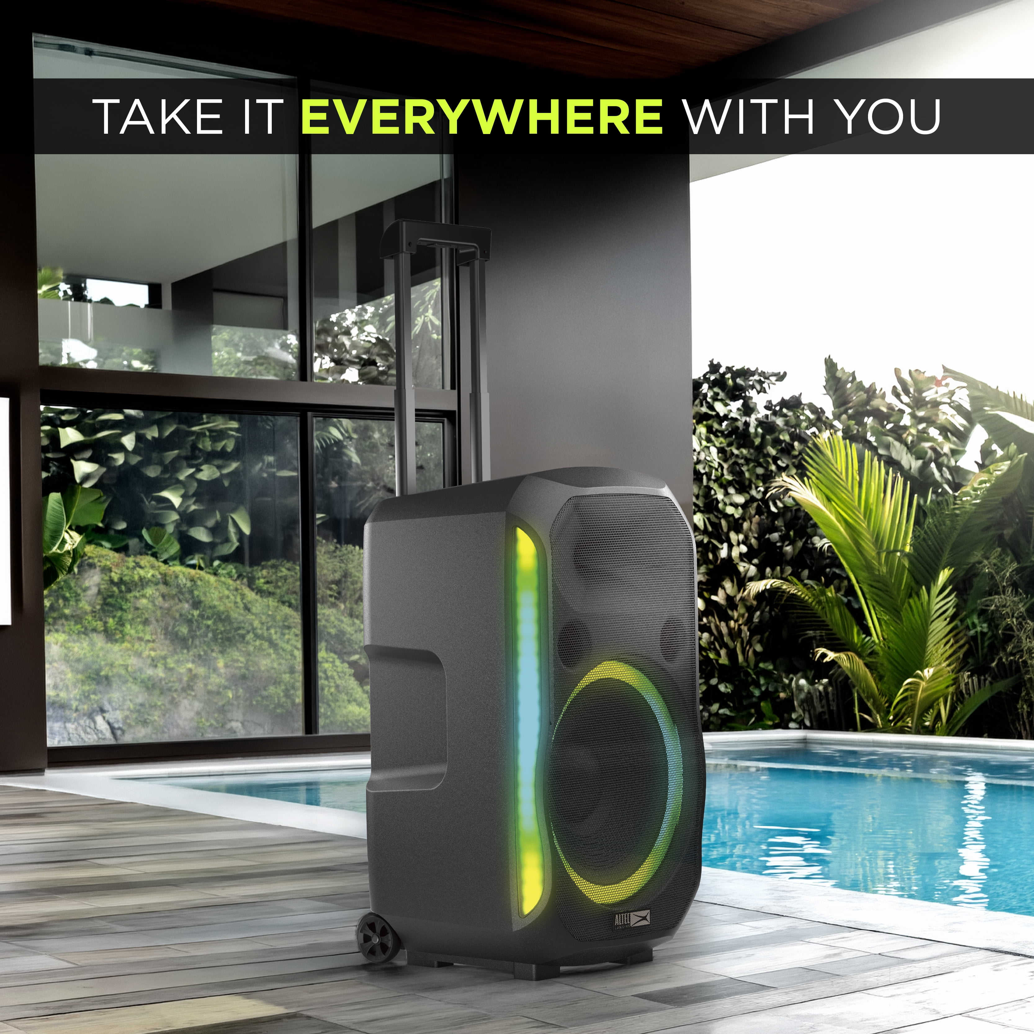 Altec Lansing 210W Portable Bluetooth Party Speaker, Party Sync (100+ Speakers), Multi-Channel Mixer, LED Lighting Effects, 12H Battery, Wheels & Handle, Include Mic & Guitar Input