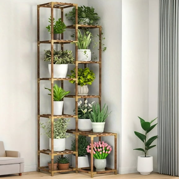10-Tier Corner Flower Stand - Large Tall Eucalyptus Wood  Holder With Hanging Space For Multiple Potted  - Perfect For Yard, Balcony, Or Garden Decoration, Durable & Stylish Design