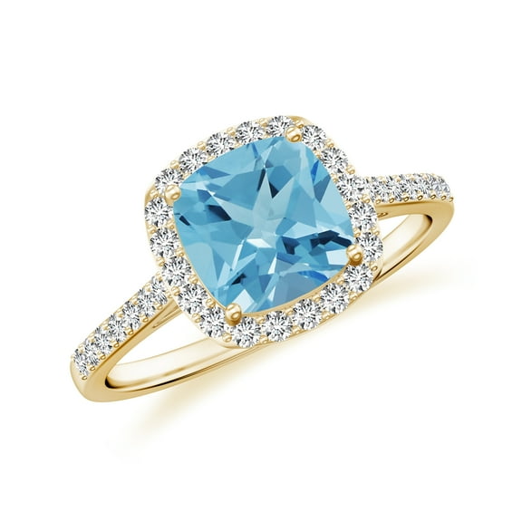 925 Sterling Silver Cushion Shaped Blue Topaz Halo Ring, Moissanite Engagement Ring in Yellow Gold Plated| December Birthstone Wedding Ring, Birthday, Anniversary Jewelry, Ring Size 5