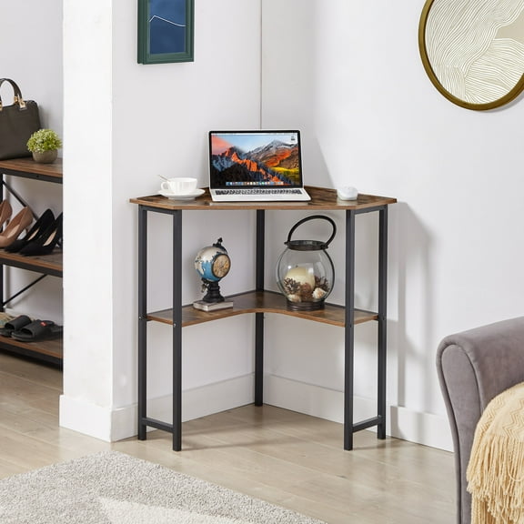 VECELO Collection Modern Minimalist with Storage Shelf and Power Outlet Corner Desk, Brown