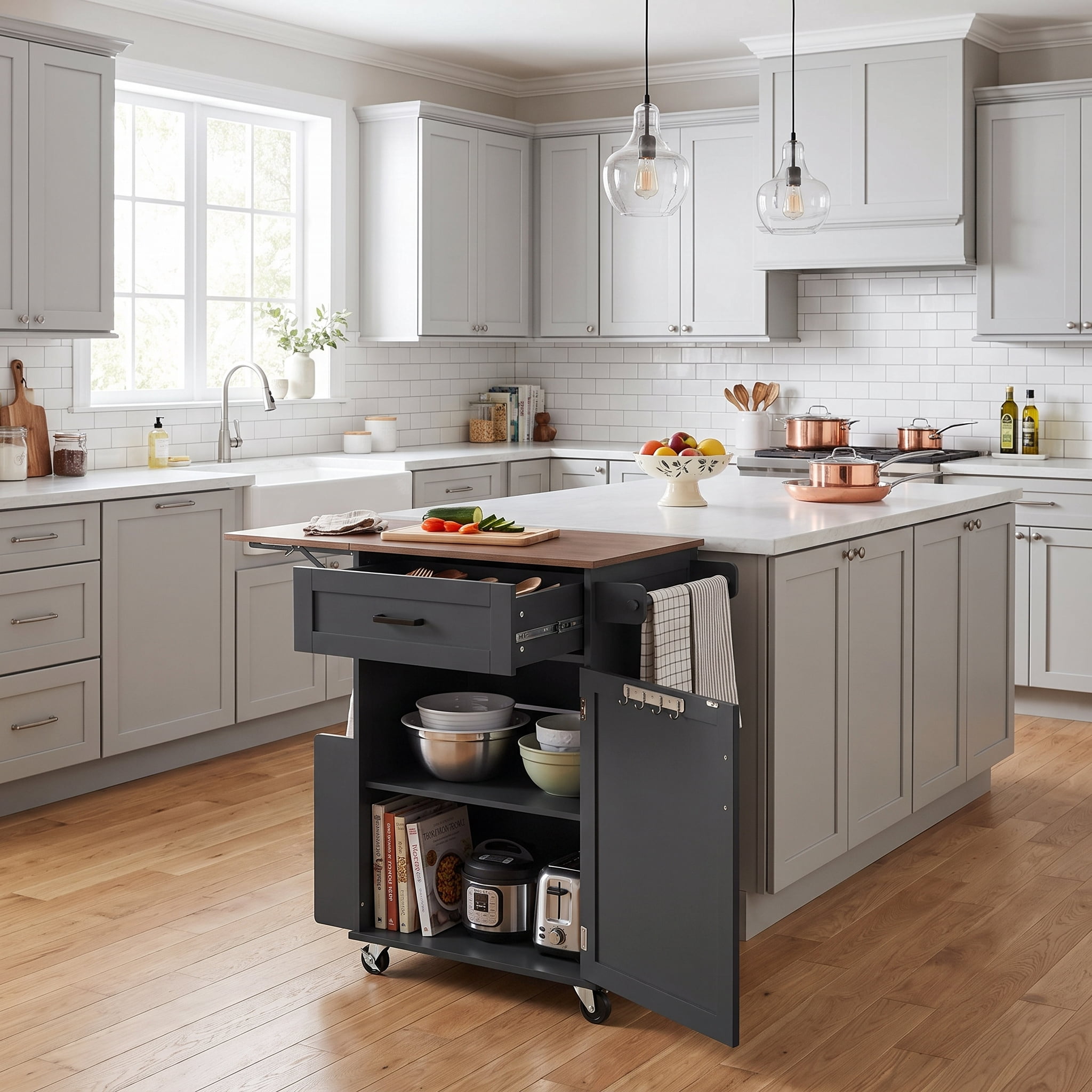 Homy Casa 39" Rolling Kitchen Island Cart with Drop Leaf, Drawer, Cabinet & Spice Rack, Black