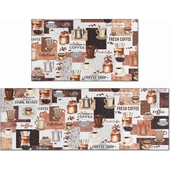 Coffee Themed Kitchen Rugs and Mats Non-Slip Washable Anti-Fatigue Kitchen Mats 2-Pc Black Kitchen Rug Floor Comfort Mats for Kitchen Sink Front Two-Piece Set, 17x30 17x47 Inches