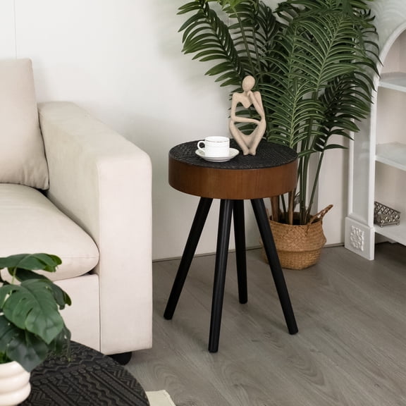 Noble House Tappen 15.7" Round Side Table with Engraved Top, Small Drink Table, Modern Accent Nightstand, Brown