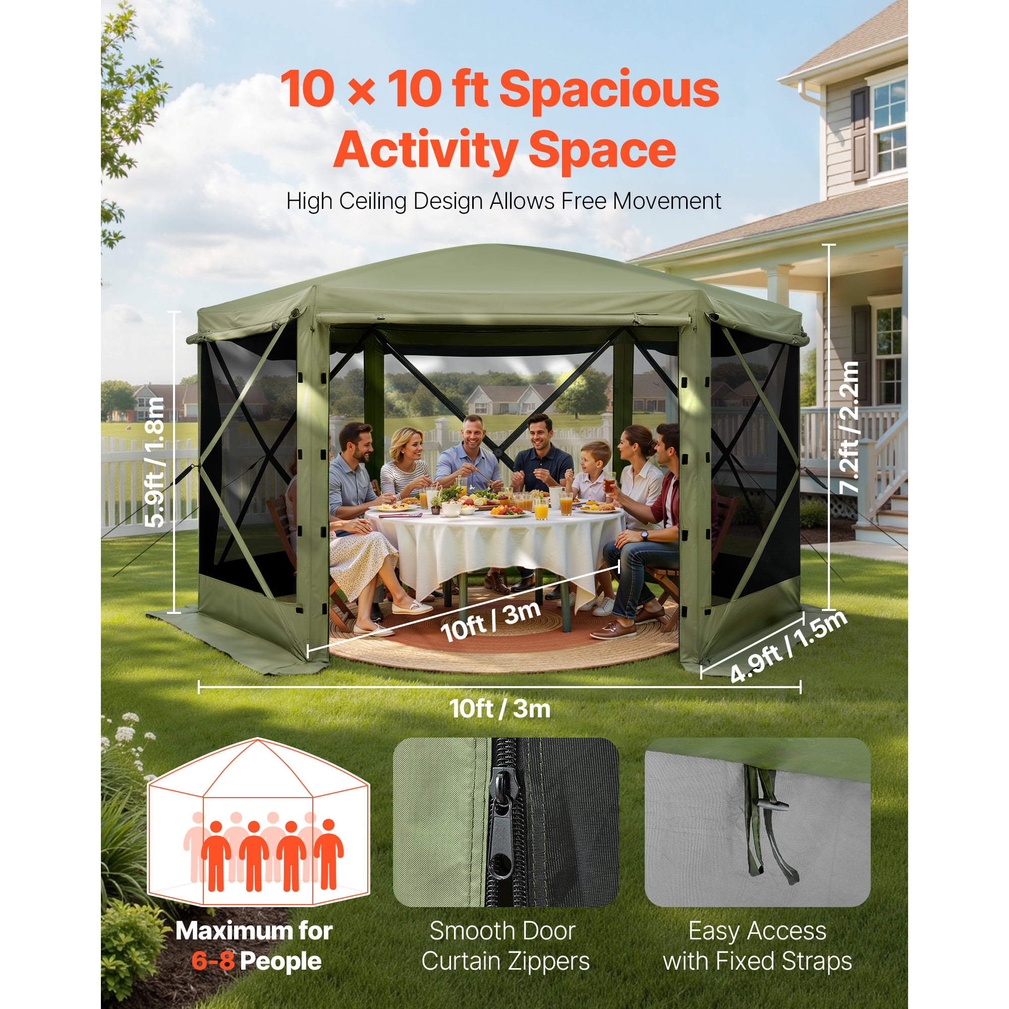 KFFKFF Pop-Up Gazebo Screen Tent, 10 x 10 ft Hexagonal Camping Canopy with Detachable Roof & Carry Bag, Easy Setup & Insect-Resistant, Screened Sun Shelter for 6-8 People, Green