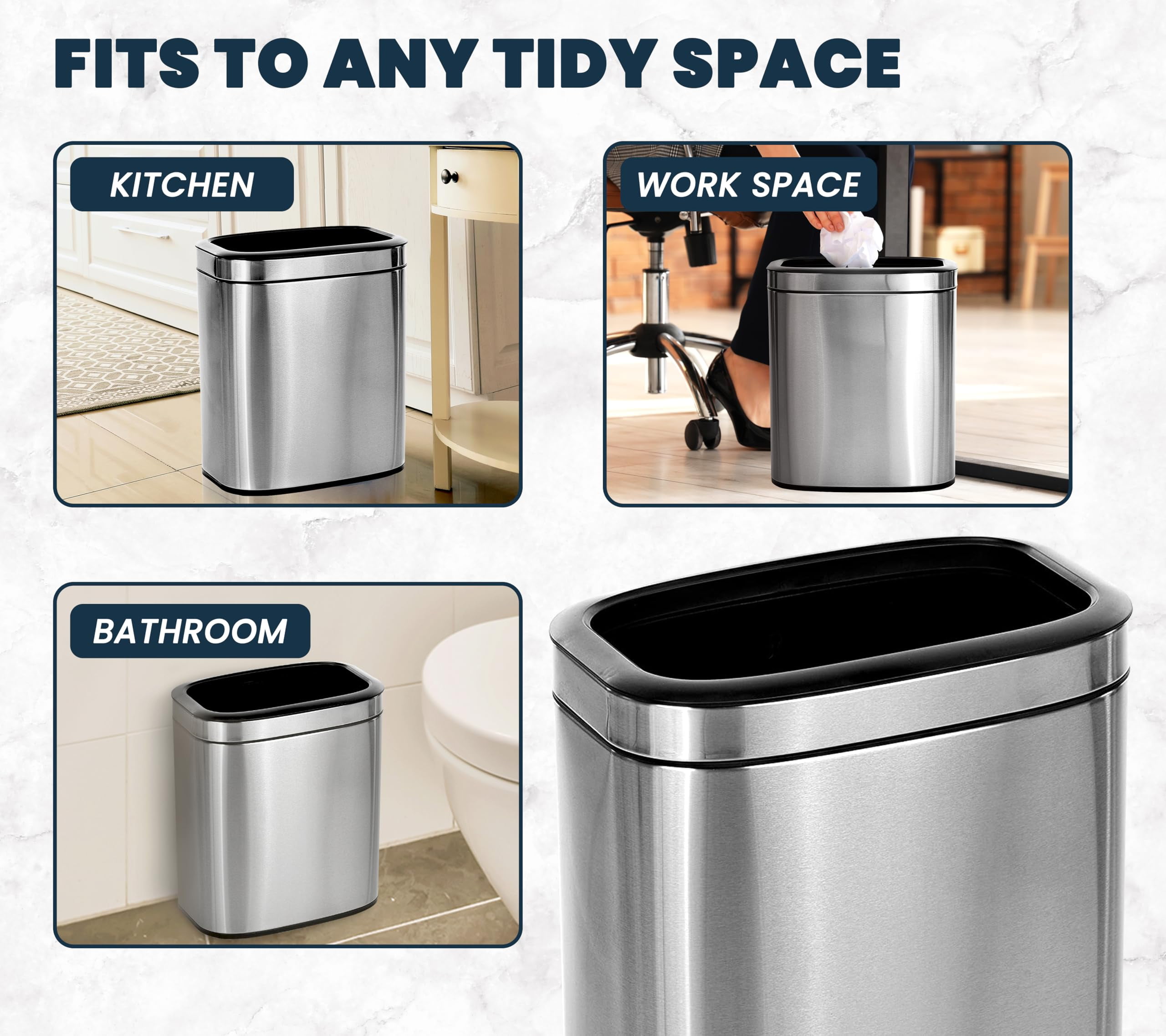 Alpine 20 Liter /5 Gallon Trash Can Open Top - SS Trash Can No Lid, Modern Silver Metal WasteBasket, Narrow Trash Can with Removable Trash Bin for Office Desk, Kitchen, Bathroom
