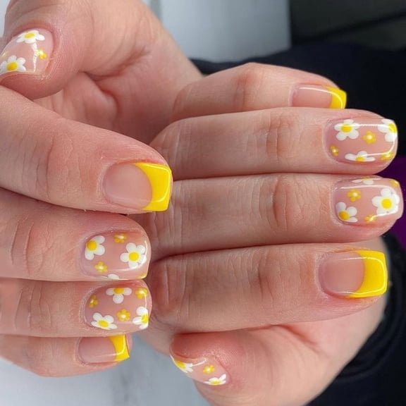 24 Pcs Glossy Press On Nails Short Square False Nails Lovely Flowers Stick On Nails Yellow French Tip Artificial Nails