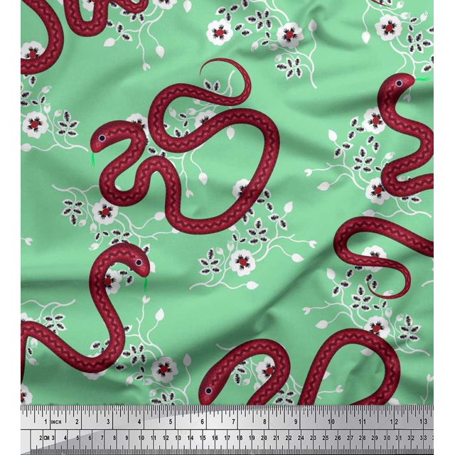 Soimoi Rayon Crepe Fabric Leaves,Floral & Snake Reptile Decor Fabric Printed Yard 46 Inch Wide