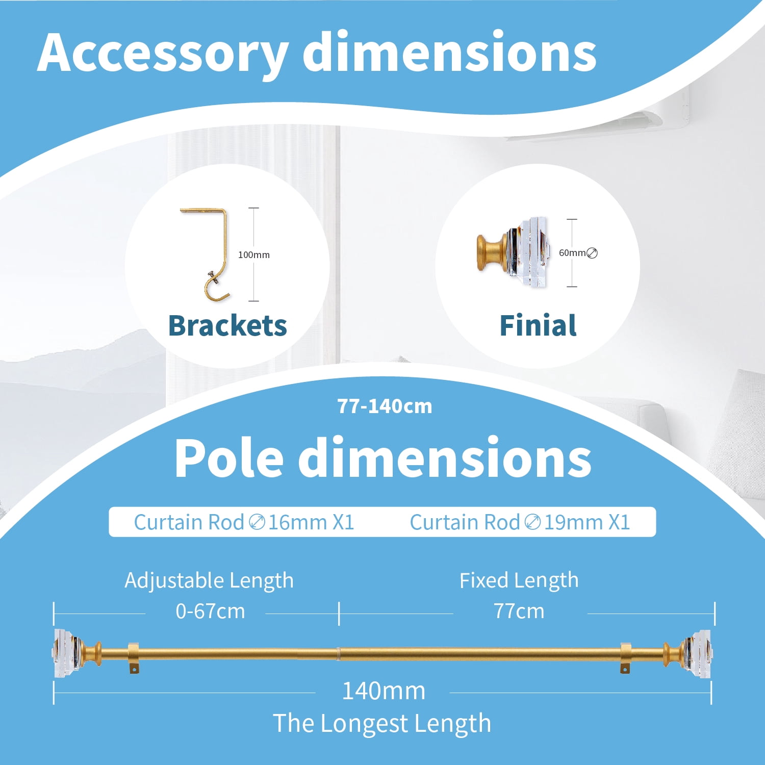 Curtain Rod Adjustable Window Drapery Rods with clear acrylic plexiglass square finials, 3piece brackets, hardware kits. Gold 28-48 inches.