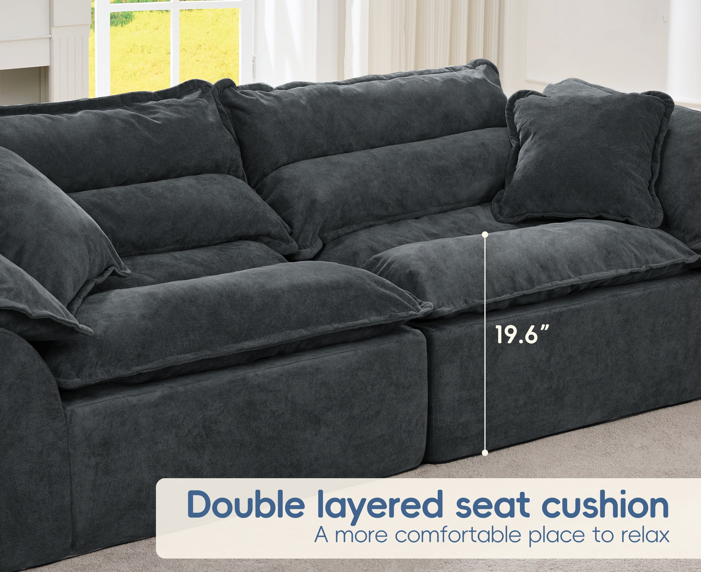 Hobestluk 104" Sectional Sofa Couches 3 Seater Modular Sofa, Cloud Couch with Removable Cushion, Boneless Couch, Modular Sectional Couches for Living Room (Dark Grey)