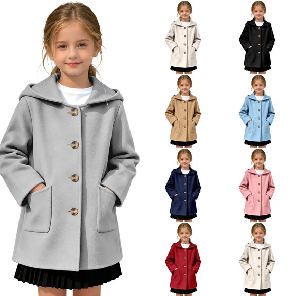 Girls Trench Coats Hooded Cute Windproof Wool Blend Peacoats Kid Girls Winter Jackets (Light Gray)