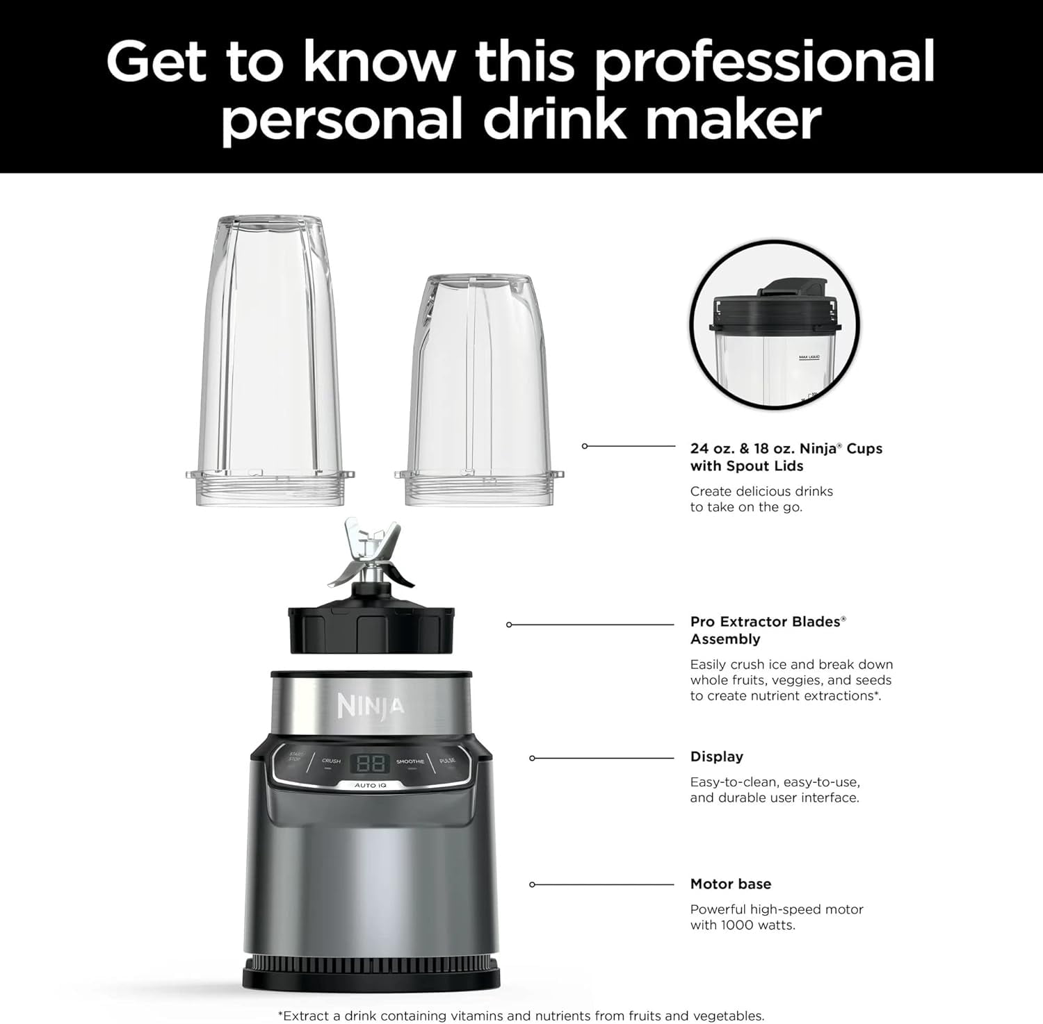 Restored Ninja BN400 Nutri Pro Compact Personal Blender, Auto-iQ Technology, 1000-Watts, for Frozen Drinks, Smoothies, Sauces & More, with 18-oz. & 24-oz. To-Go Cups & Spout Lids (Refurbished)
