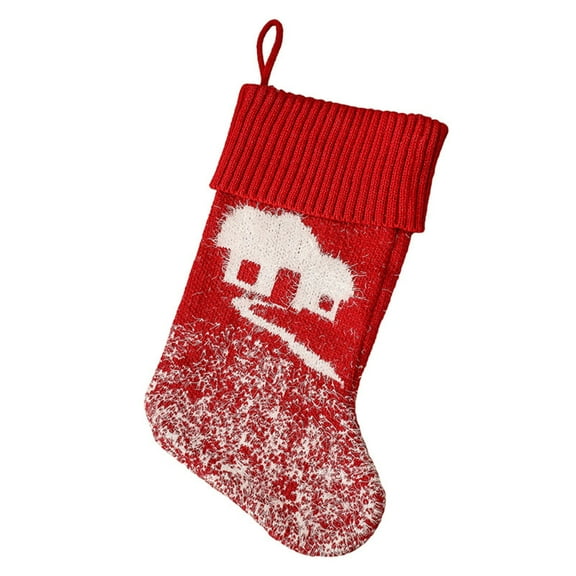 HCBY Red Knit Christmas Stocking with White Embroidery Tree House Snowflake Reindeer Designs 18.1 Inches Holiday Sock for Fireplace Xmas Decor Gift Bag