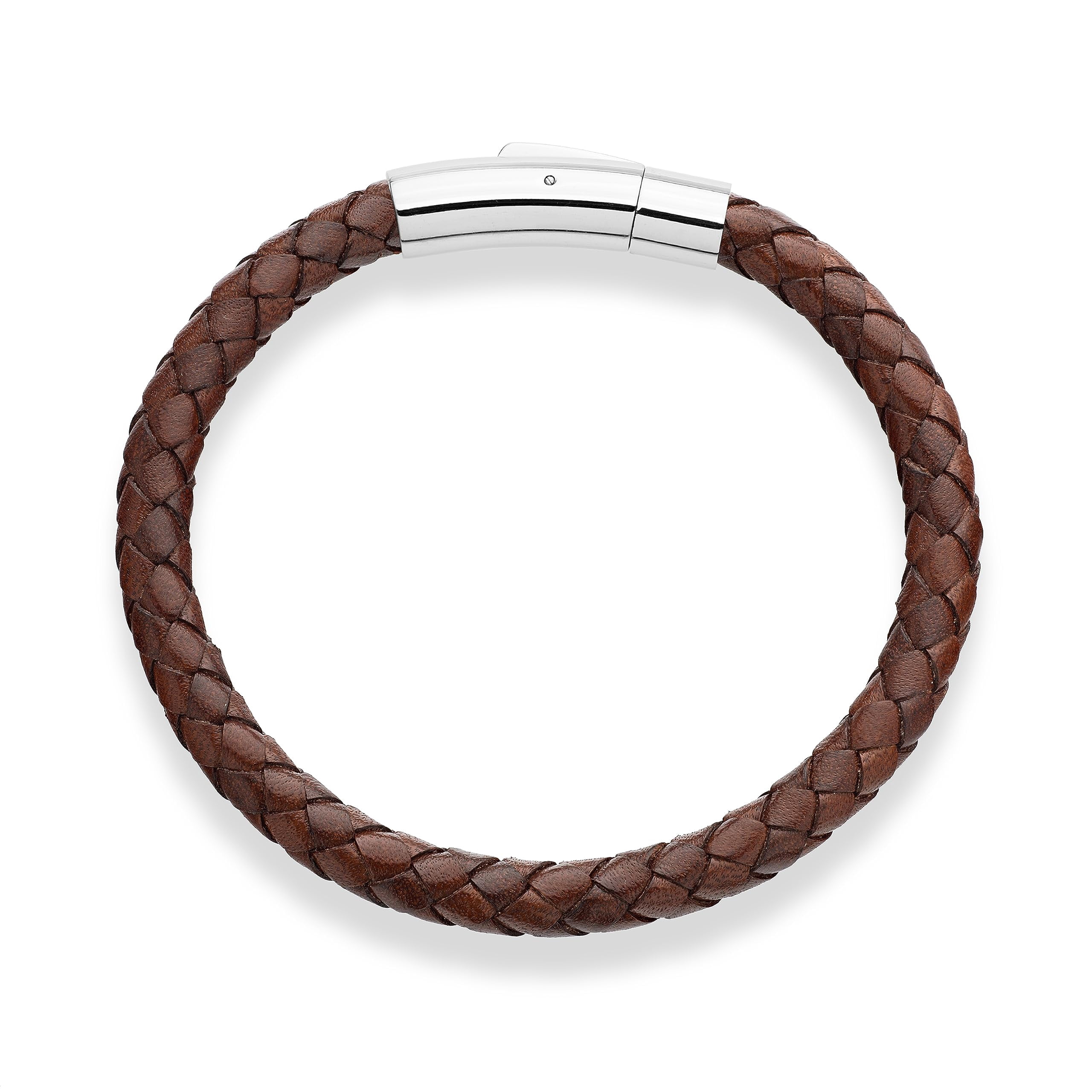 Miabella Genuine Italian Braided Leather Bracelet for Men, Stainless Steel Clasp, Made in Italy (Brown, Small - 7" Length)