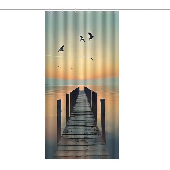 RKSupls Waterproof Shower Curtain, Birds Sunset Pier Polyester Shower Curtain with Hooks for Chic Elegant Home Bathtub Bathroom Decor Washable