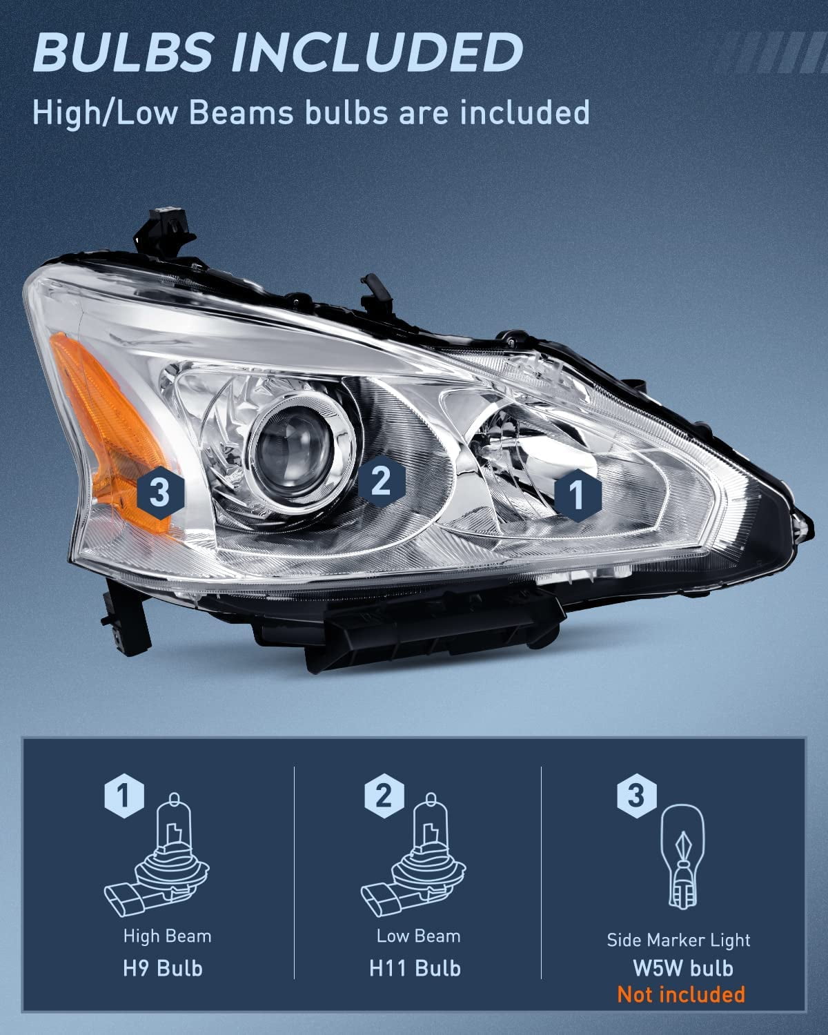 Headlight Assembly for 2013-2015 Altima 4 Door Sedan Projector Chrome Housing Halogen Replacement Headlights Assembly Pair Amber Reflector Driver and Passenger Side