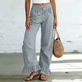 thumbnail image 4 of hlysgo Wide Leg Linen Pants for Women High Waisted Ruffle Hem Palazzo Pants Boho Summer Casual Loose Flowy Pant Trousers with Pockets Gray,L, 4 of 5