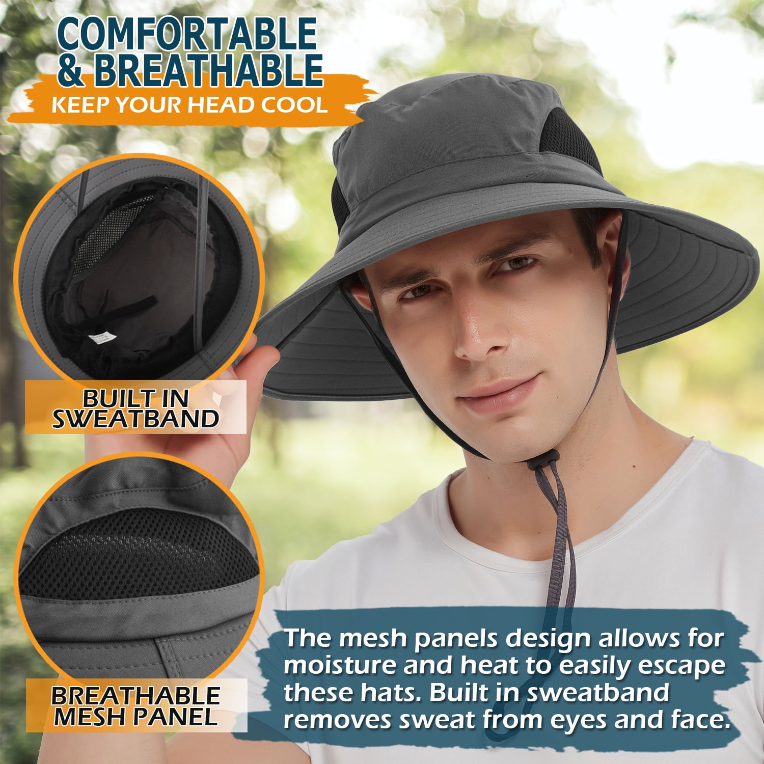 EINSKEY Sun Hat Waterproof Boonie Hat,Wide Brim Bucket Hat Dark Grey,for Fishing  Hiking Camping 