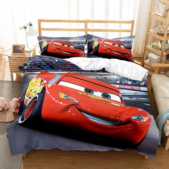 Cartoon Racing Car Kids Duvet Cover Set, 3 Pieces Boys Bedding Set, 1 Duvet Cover 2 Pillowcases, Soft Bedroom Decor Bedding for Kids