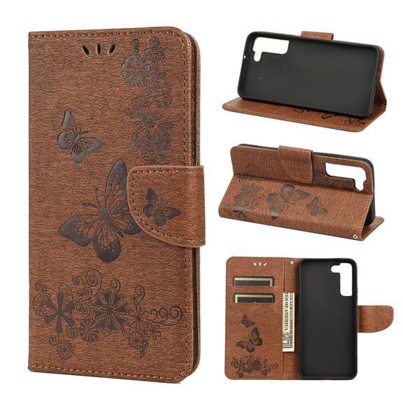 Feishell Wallet Case for Samsung Galaxy S21 FE 5G,Retro PU Leather Butterfly Embossed Pattern Full Protection Anti-Scratch Magnetic Clasp Flip Holder Card Slots & Cash Pocket Phone Cover,Brown