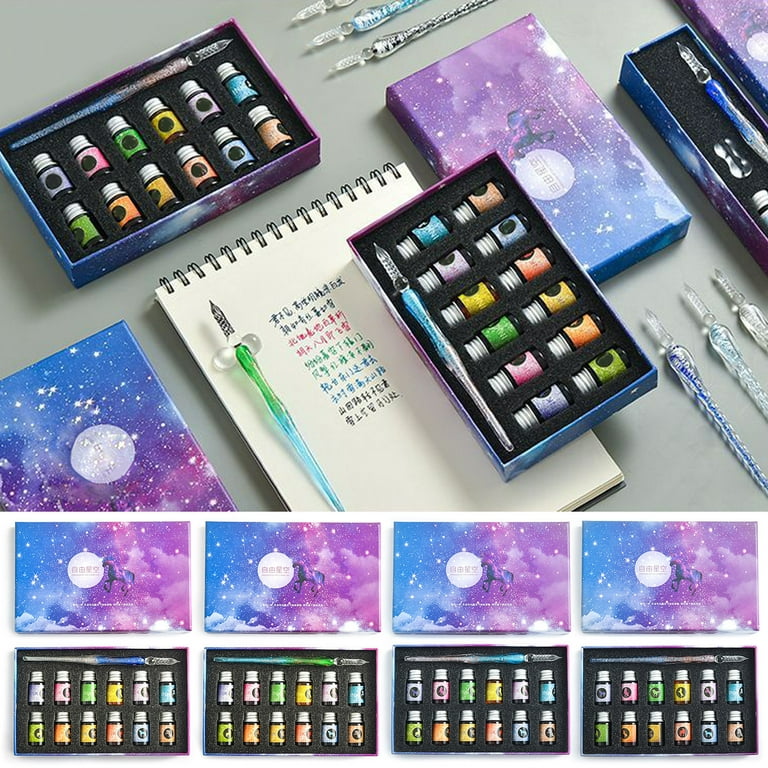 Rainbow Glass Fountain Pen Water Set Student Crystal Dip Pen Gift Box  Handmade Stationery Creative Ink Pen Art Supplies