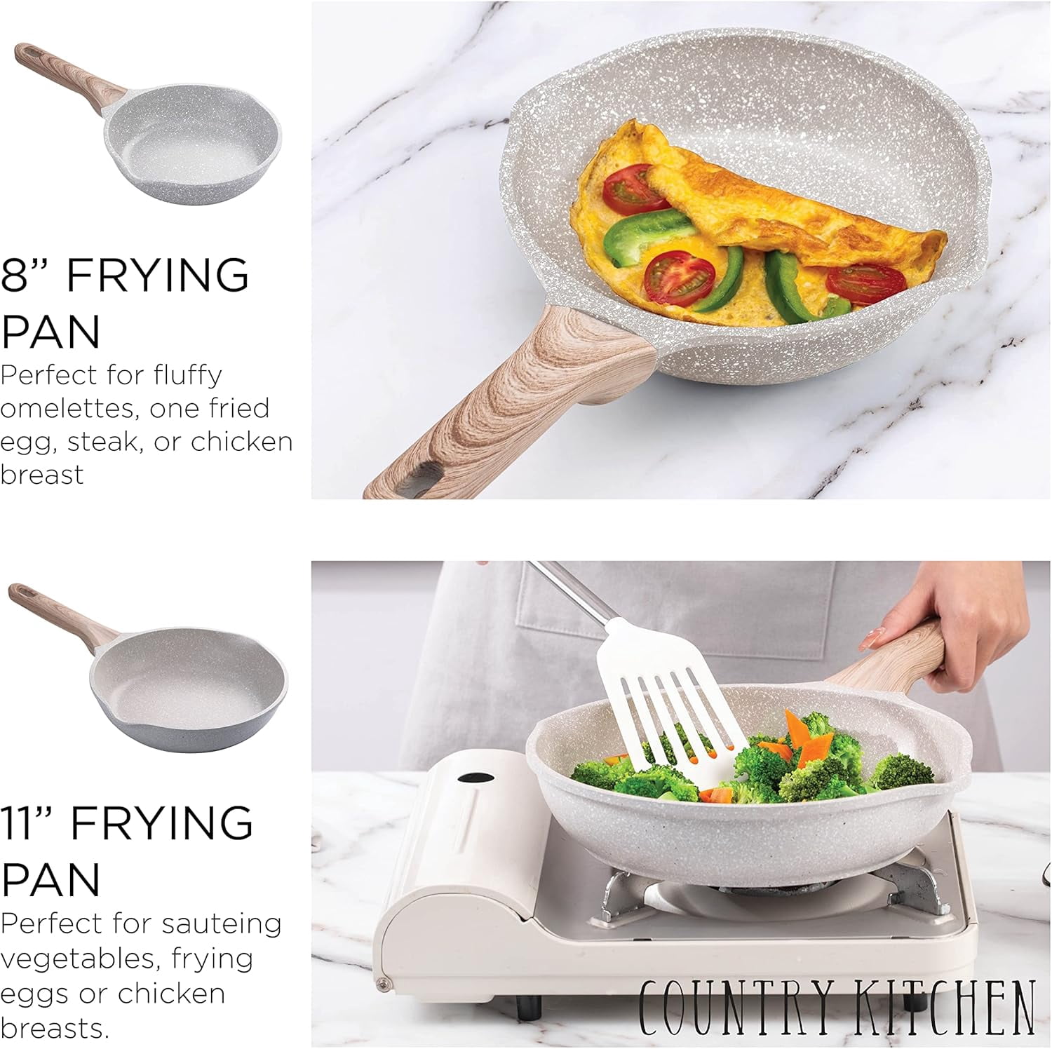 Country Kitchen 8-Piece Pots and Pans Set, Durable Kitchen Cookware Set, Cream