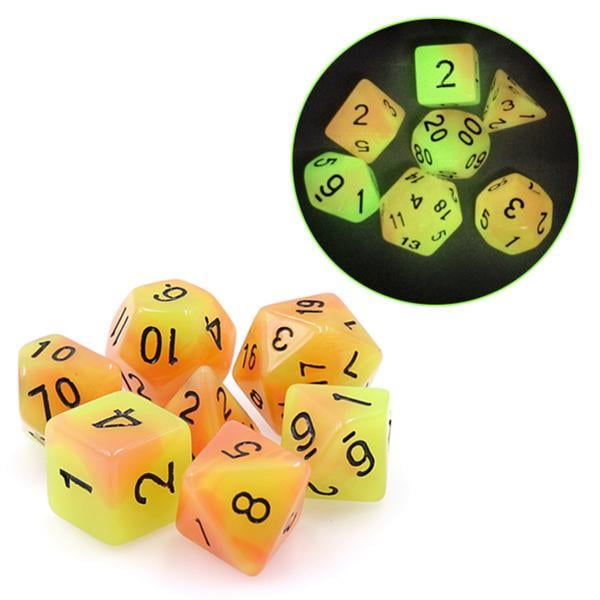 Glow In The Dark Poly 7 Dice RPG Set Yellow Red Dungeons Dragons Pathfinder D&D 