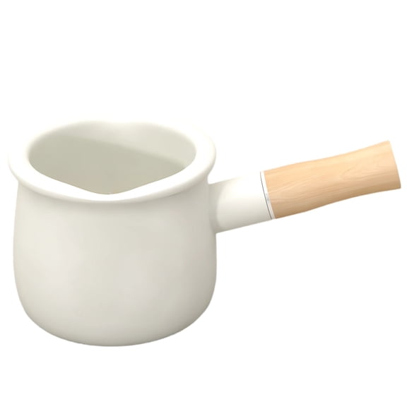 Enamel Milk Pot with Wooden Handle, Small Ceramic Saucepan for Milk, Butter, and Coffee Heating, Mini Enamel Pot with Dual Pour Spouts, Smooth Non-Stick Surface, Great for Stovetop Use