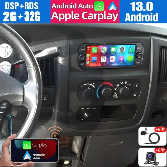 6.86in 2 32GB Android 13 Car Stereo Radio for Dodge Ram 1500 2500 3500 2002-2005 with CarPlay Android Auto, Head Unit with GPS WiFi FM/RDS Bluetooth   AHD Backup Camera/Microphone