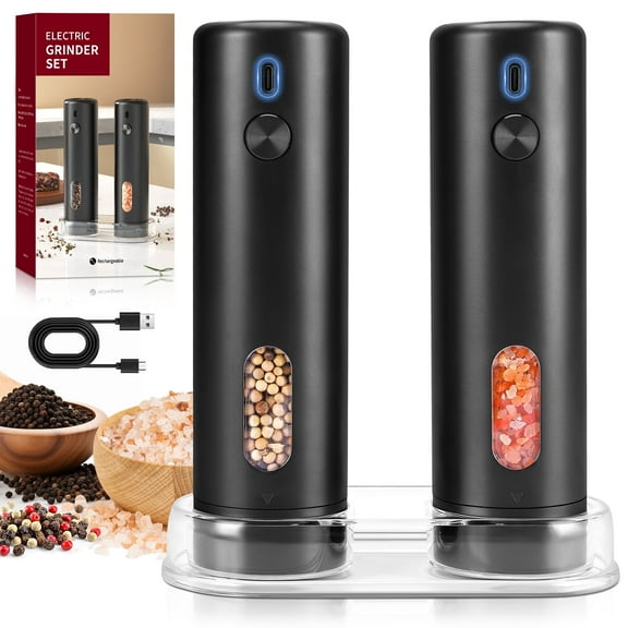 SIKITUT Electric Salt and Pepper Grinder Set with Base, Rechargeable Pepper Mills with 110ml Container, External Adjustable Coarseness, White Led Light, One-Handed Operation, Black