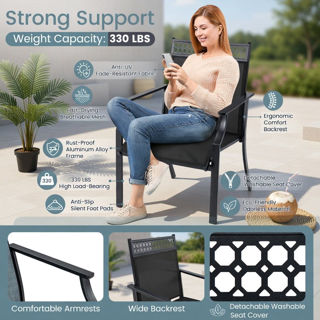 Hommoo 2-Piece Outdoor Patio Chairs Set, All-Weather Breathable Fabric, Heavy-Duty Steel Frame, Poolside & Lawn Ready, Black