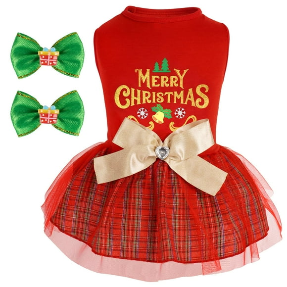 Vestido para perro cyeollo navideño a cuadros con pajarita dorada