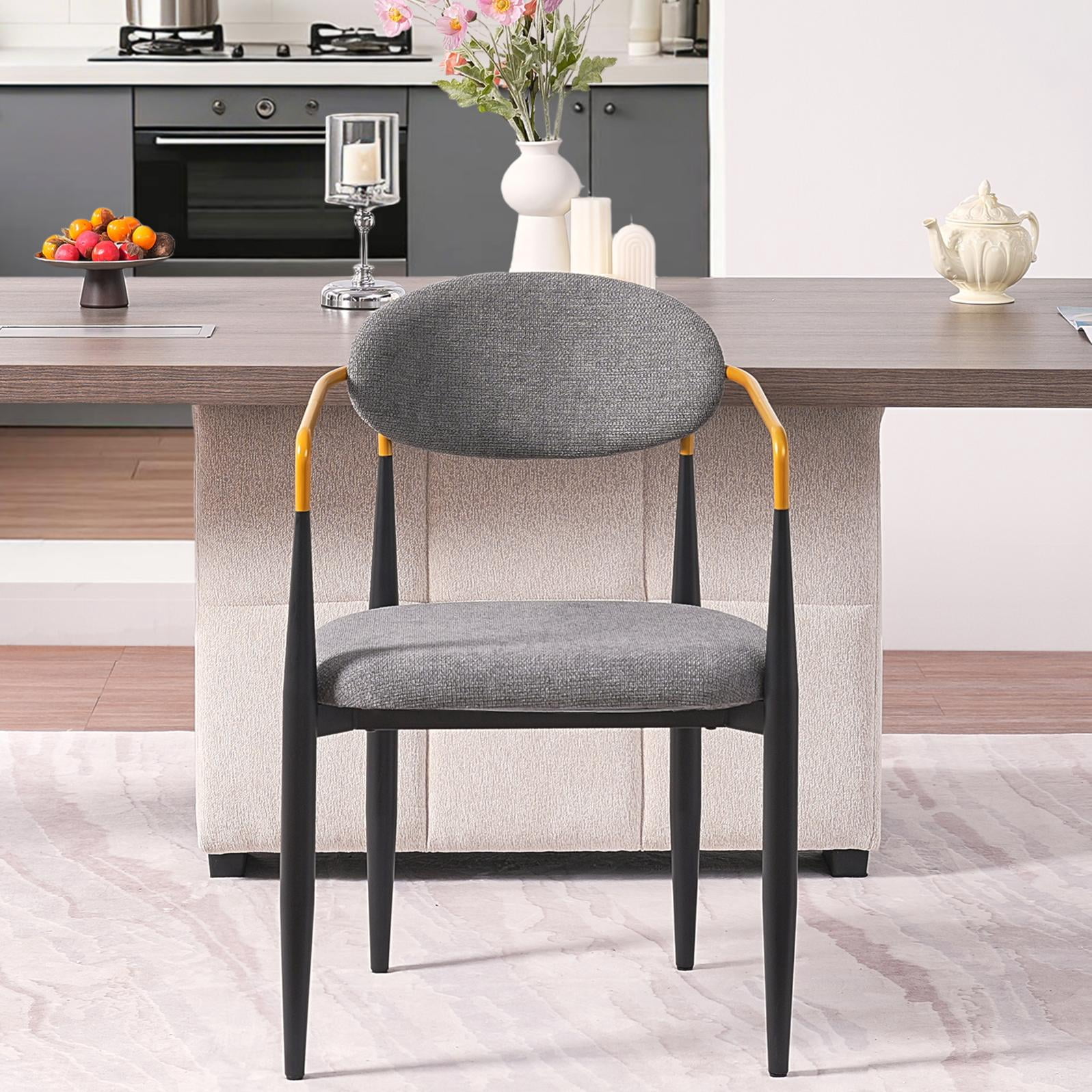 Set of 2 Modern Upholstered Dining Chairs with Gold-Accented Armrests, Ergonomic Design for Dining Room and Office, Grey Fabric with Black Frame