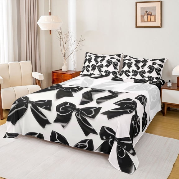 jejeloiu Cartoon Bow Tie Twin Sheet Sets,White Black Bedding For Girls 3-Piece