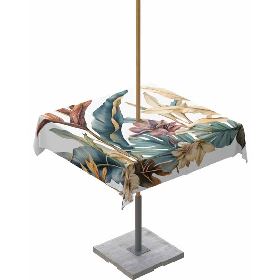 Hokiten Outdoor Tablecloths with Umbrella Hole & Zipper, Vintage Tropical Leaves 54x54 Inch Square Tablecloths, Summer Rustic Floral Waterproof Table Cloth, Patio/Pool/Picnic Table Covers