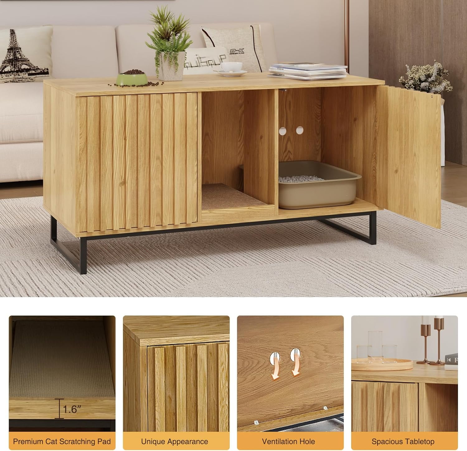 Veanerwood Cat Litter Box Enclosure for 2 Cats, 47.6’’ Litter Box Furniture Hidden with Cat Scratch Pad, Double Room Large Cat Cabinet, Indoor Cat House TV Stand Side Table,Cat Washroom