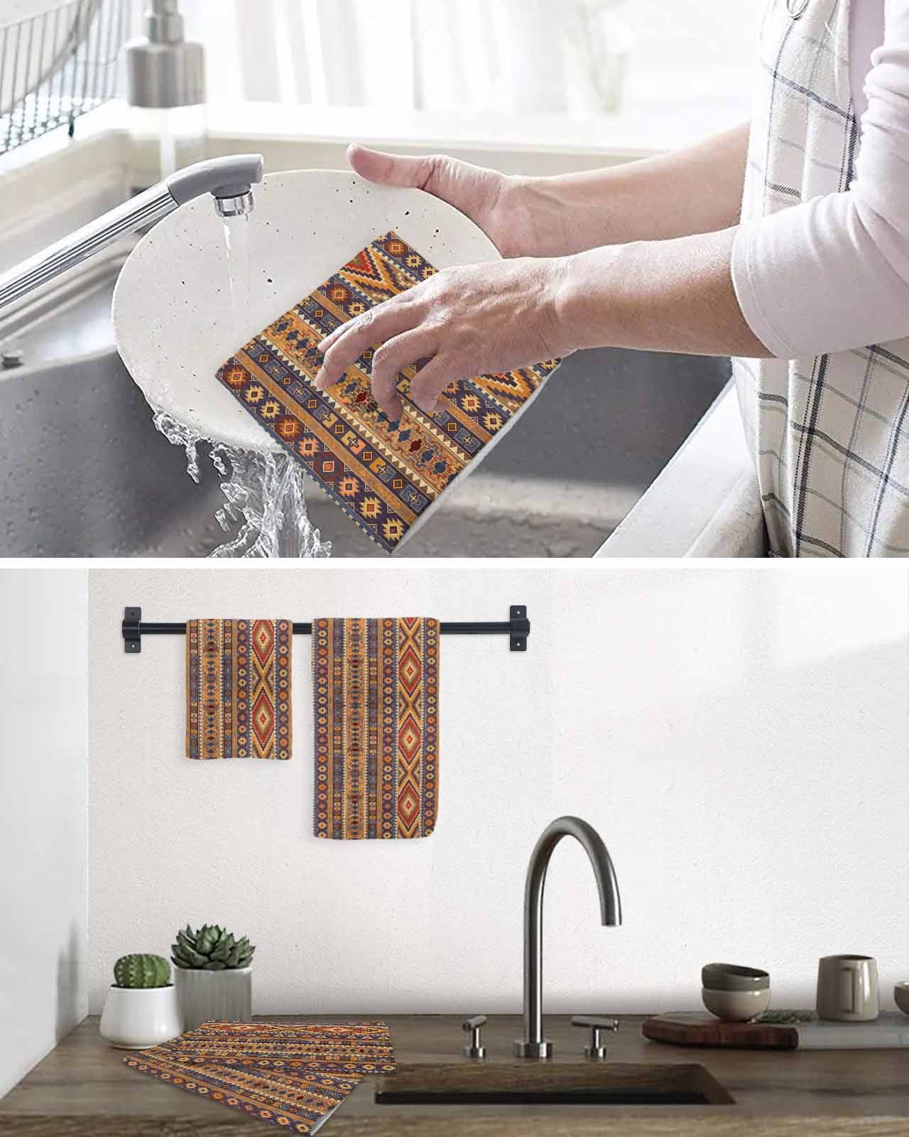 Southwest Boho Kitchen Dish Towels for Drying Dishes Set of 4, Retro Farmhouse Abstract Geometric Striped Waffle Weave Microfiber Terry Hand Tea Bathroom Towels Quick Dry & Absorbent Towel 12x12