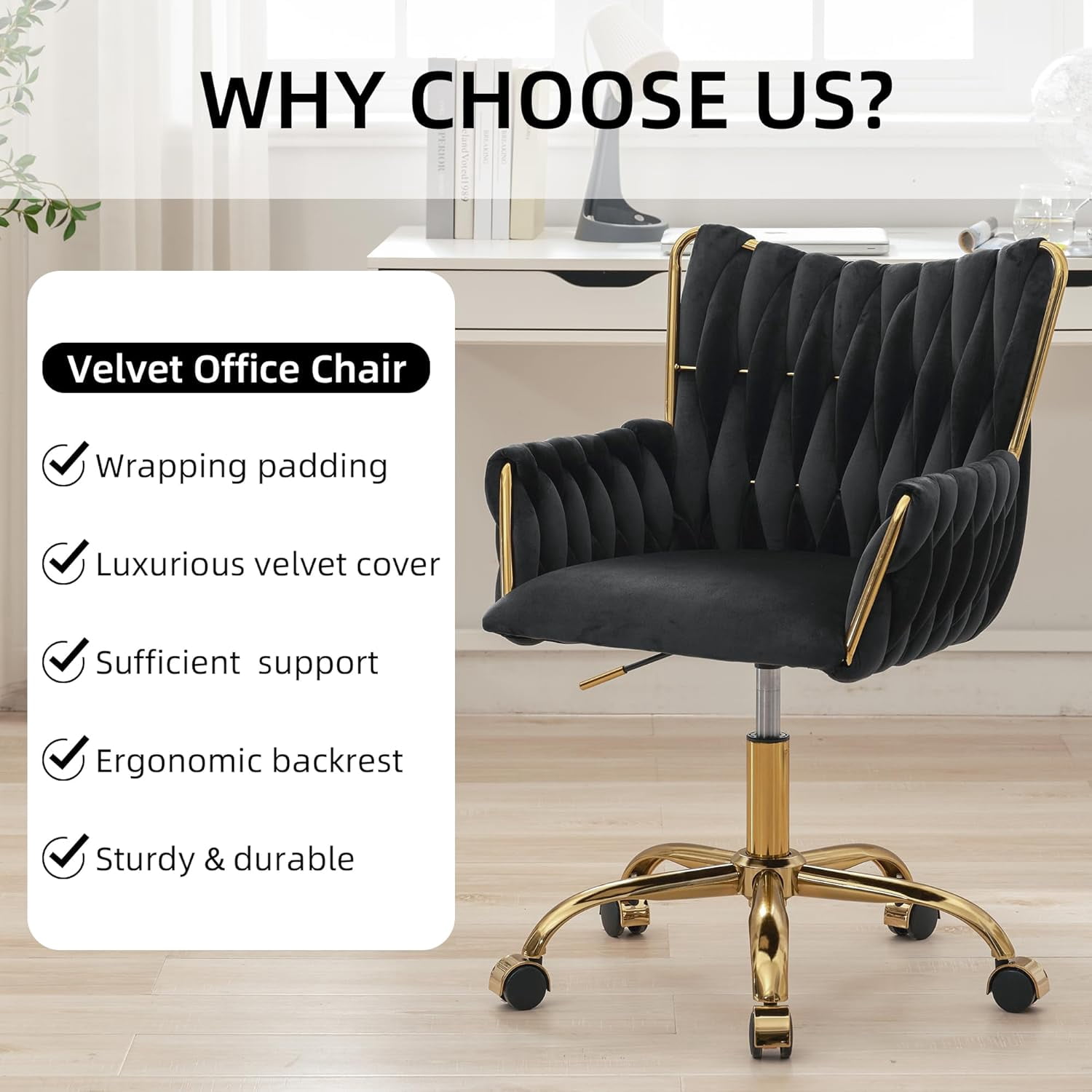 Westice Velvet Desk Chair, Home Office Gold Comfy Chair with Hand Woven High Back, Height Adjustable Swivel Chair with Comfy Upholster for Makeup Vanity Living Room Bedroom, Black