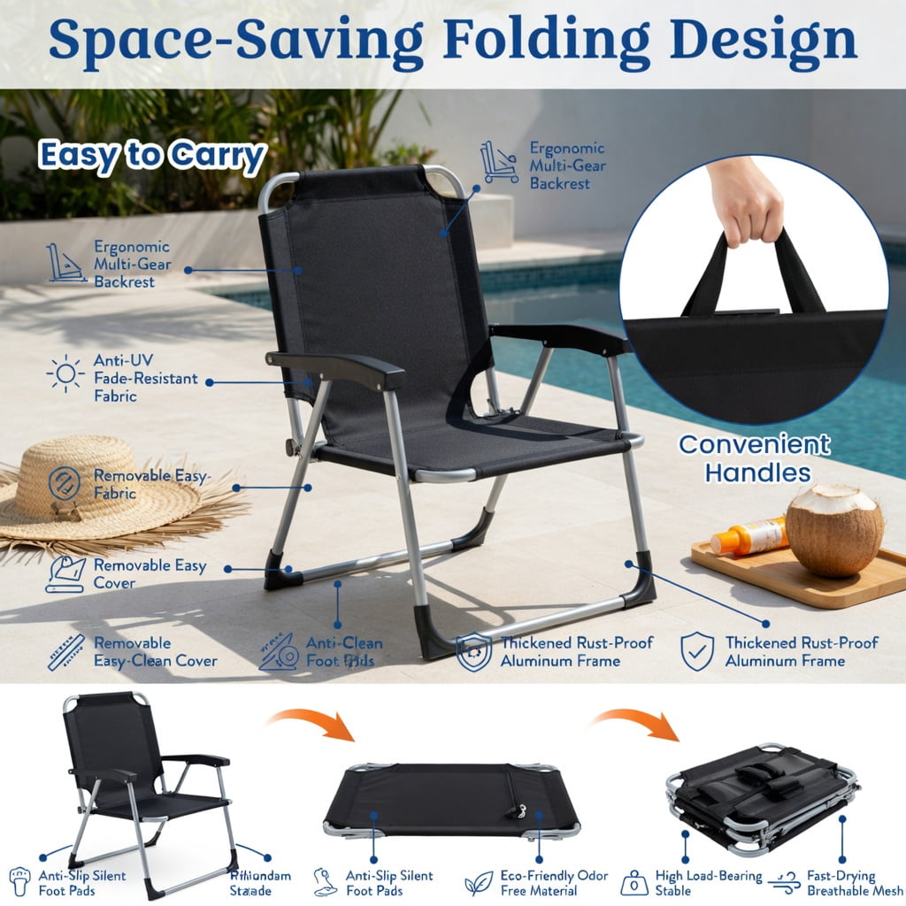 Hommoo Foldable Tanning Chair with Face & Arm Holes, Lightweight Portable Beach Chair for Pool, Patio, and Outdoor Use, Black